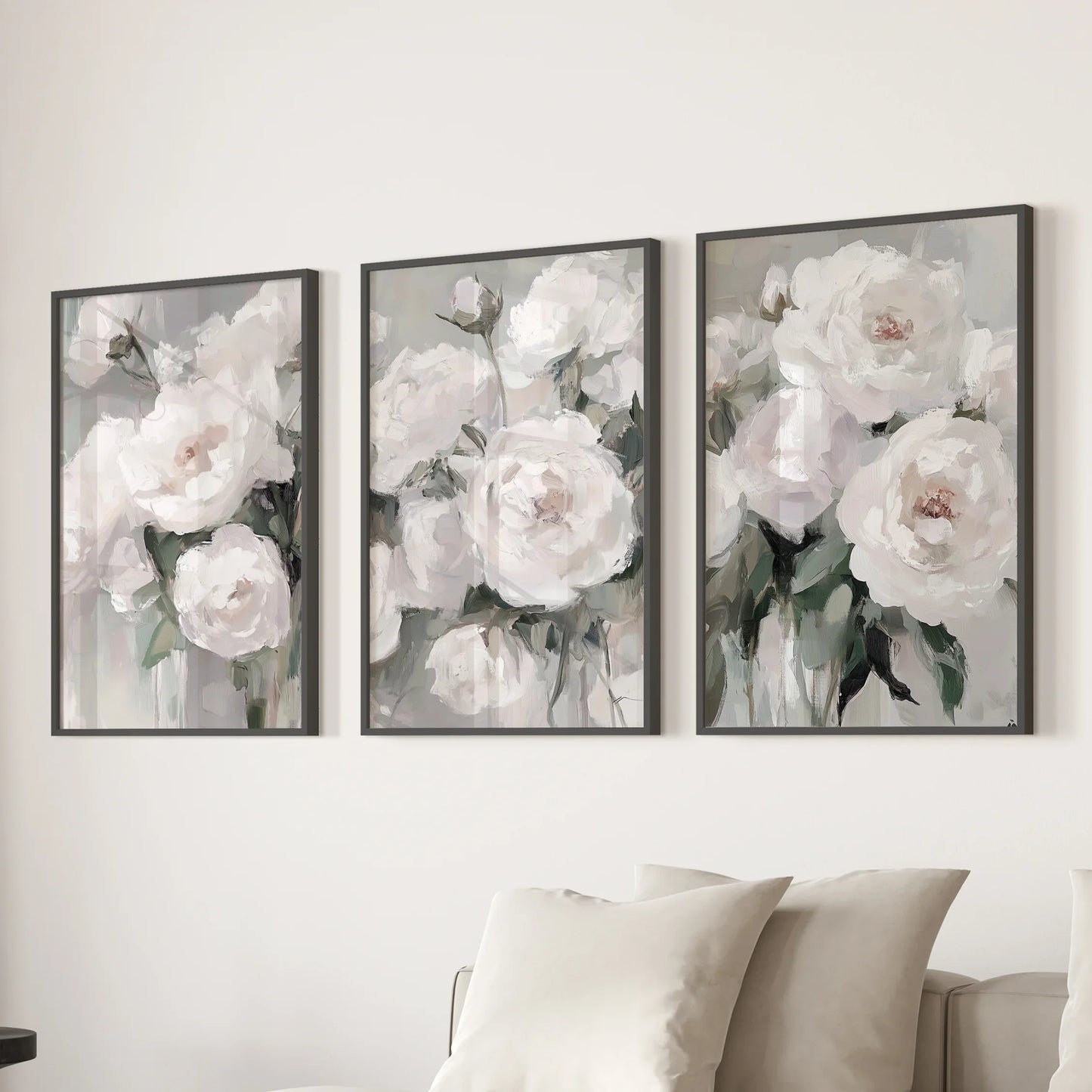 Romantic White Flower 3 Piece Wall Art. Peony Painting Print