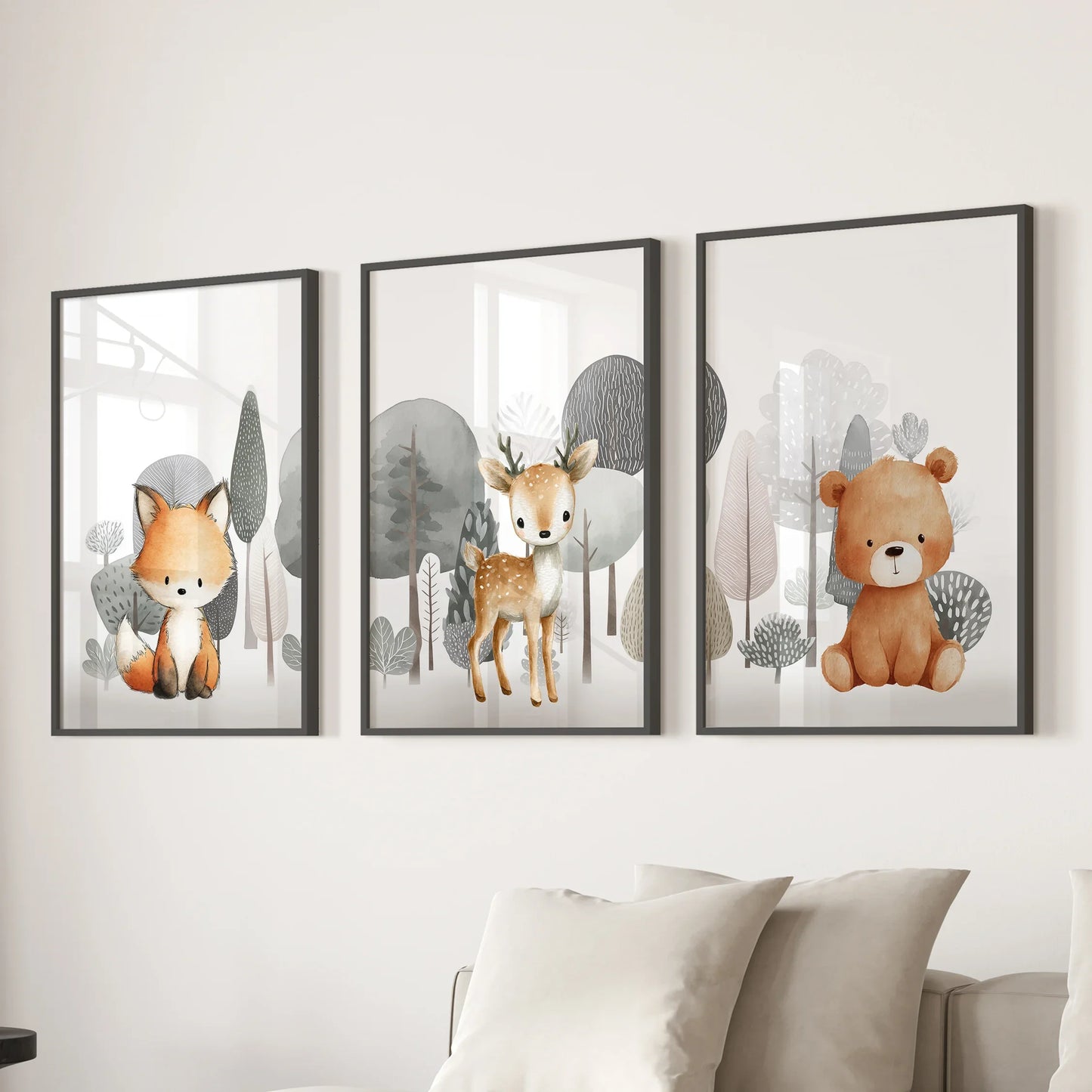 Forest Animal Nursery Decor. Cute Fox Fawn Bear Print Set