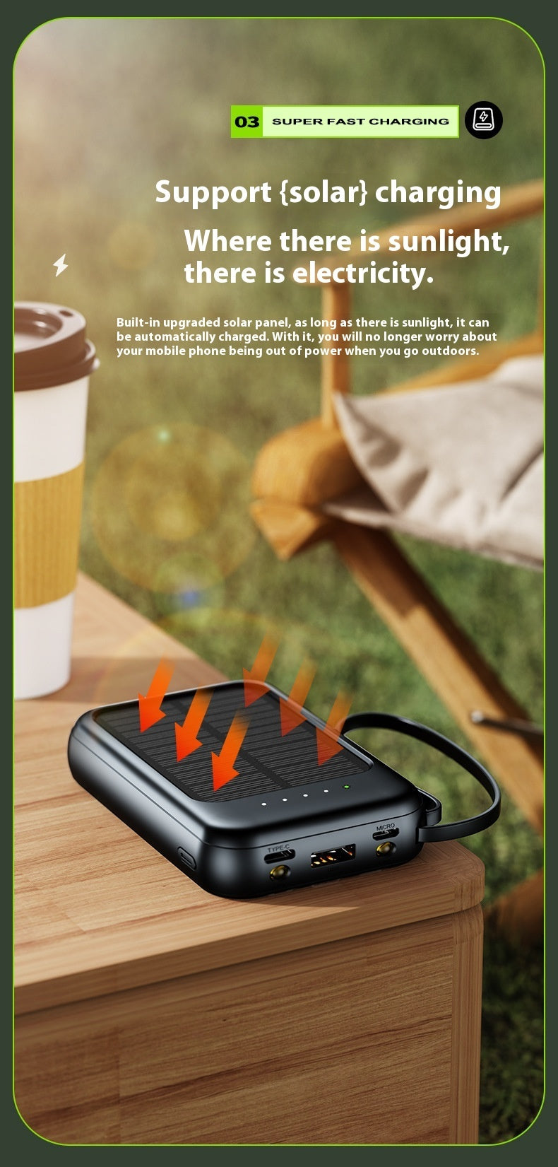 Solar Charging Unit With Cable Camping Portable Large Capacity Mobile Power Supply