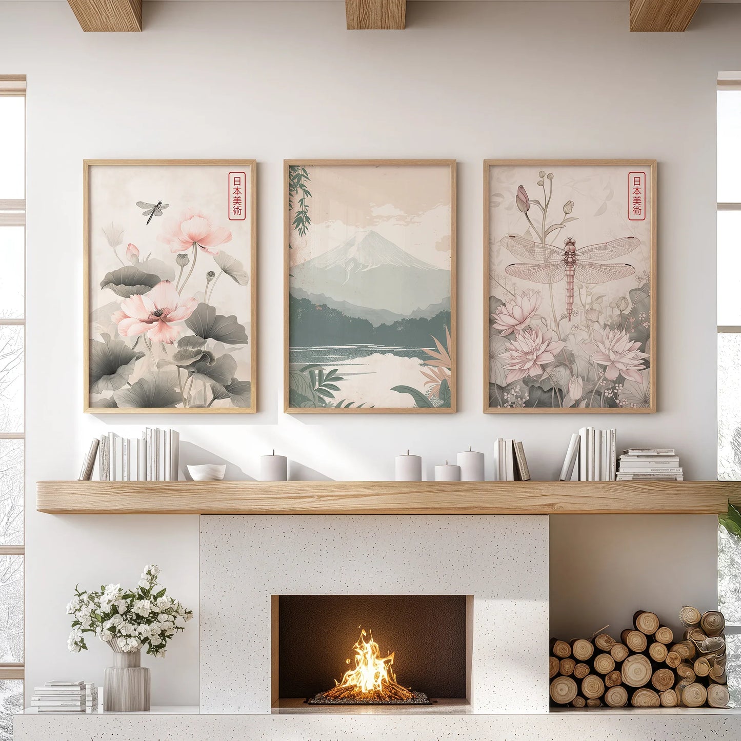 Japandi Style Set of 3 Wall Art. Floral and Mountain Prints