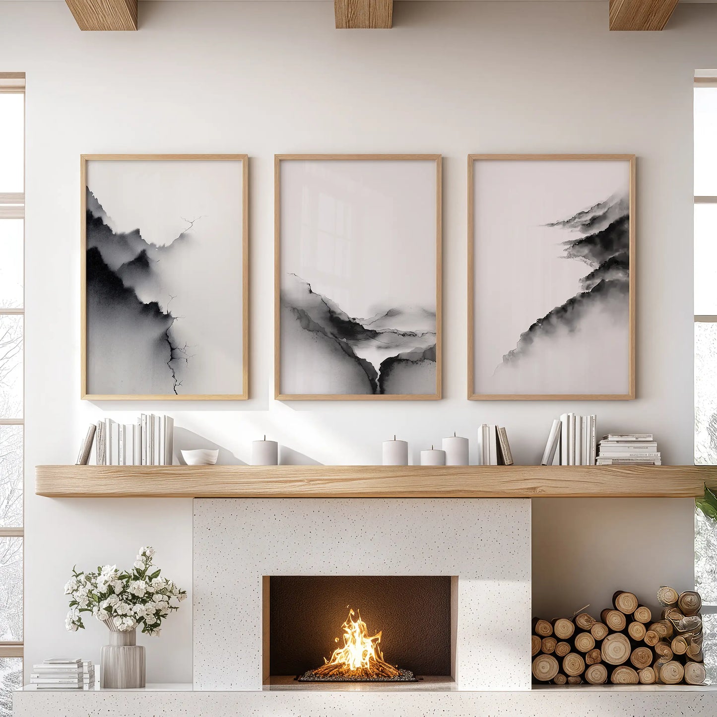 Black White Mountain Landscape Art Set of 3. Calming Nature