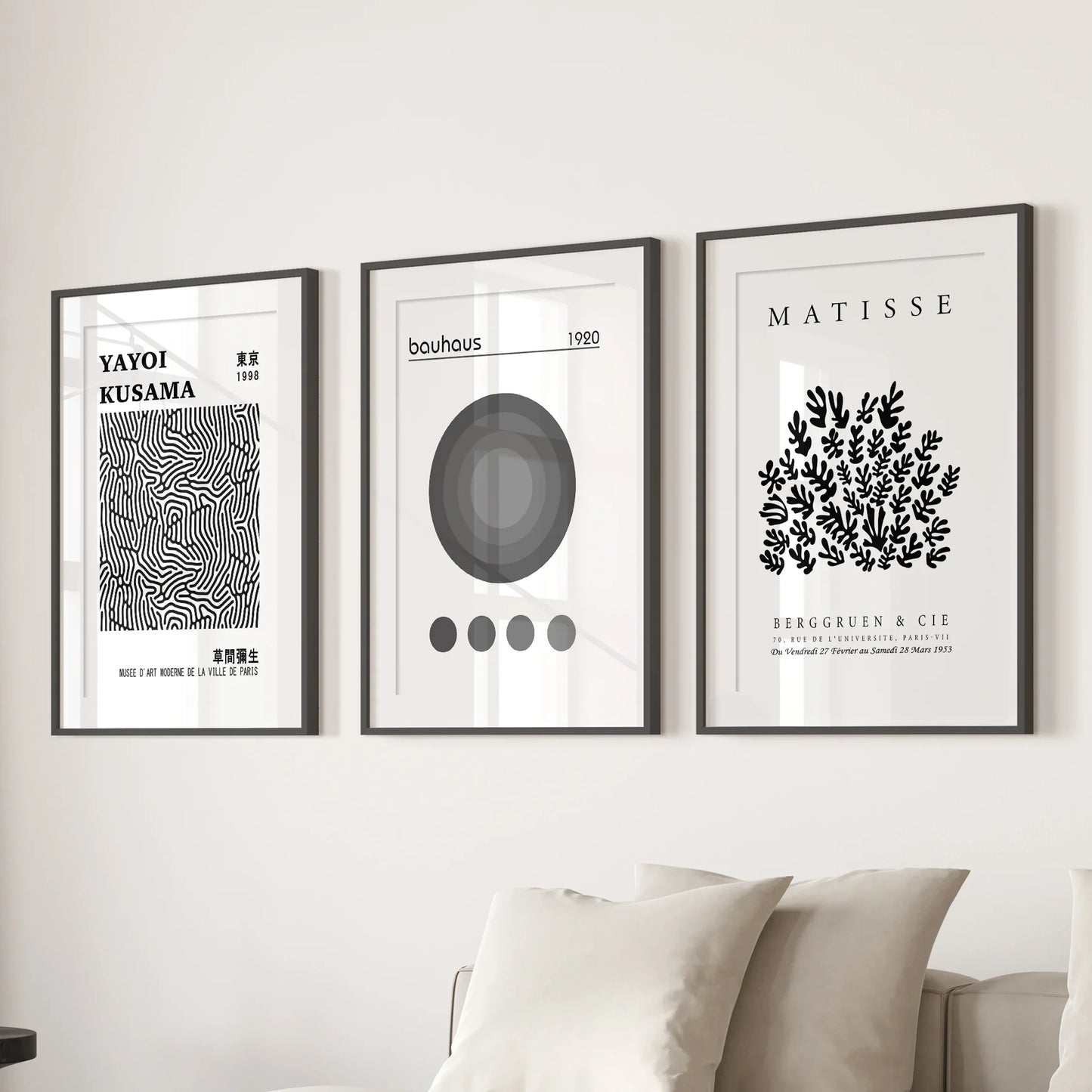 Black White Kusama, Matisse, Bauhaus Posters. Art Set of 3