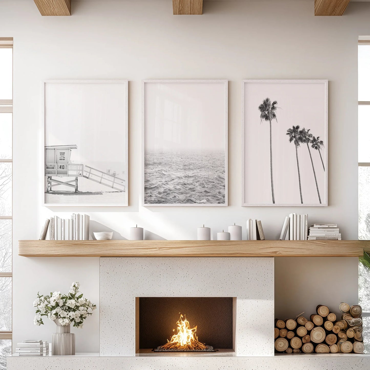 Black White Coastal Wall Art Set: Palms, Ocean, Lifeguard