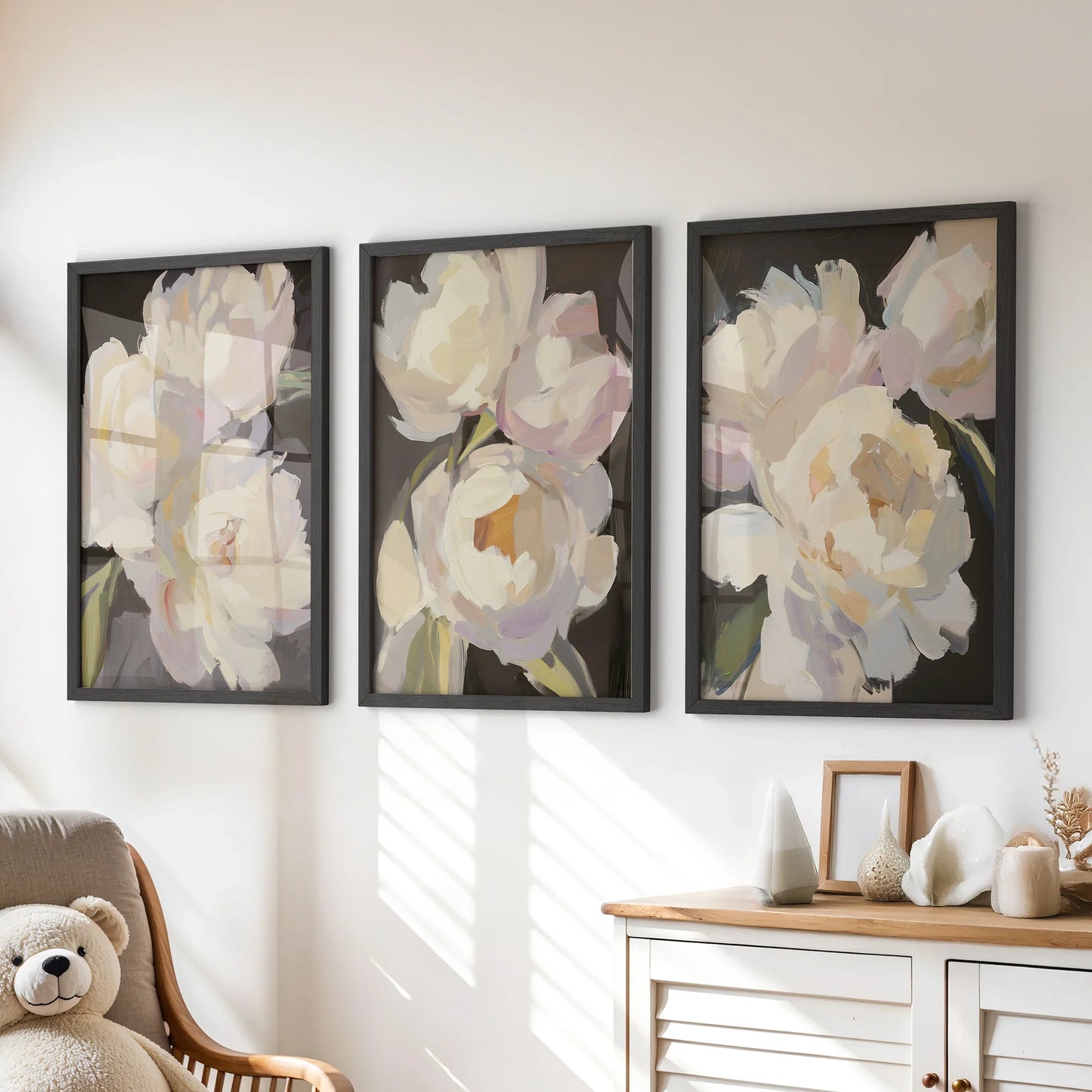 Moody Pink and White Peonies Art. Floral Set of 3 Prints
