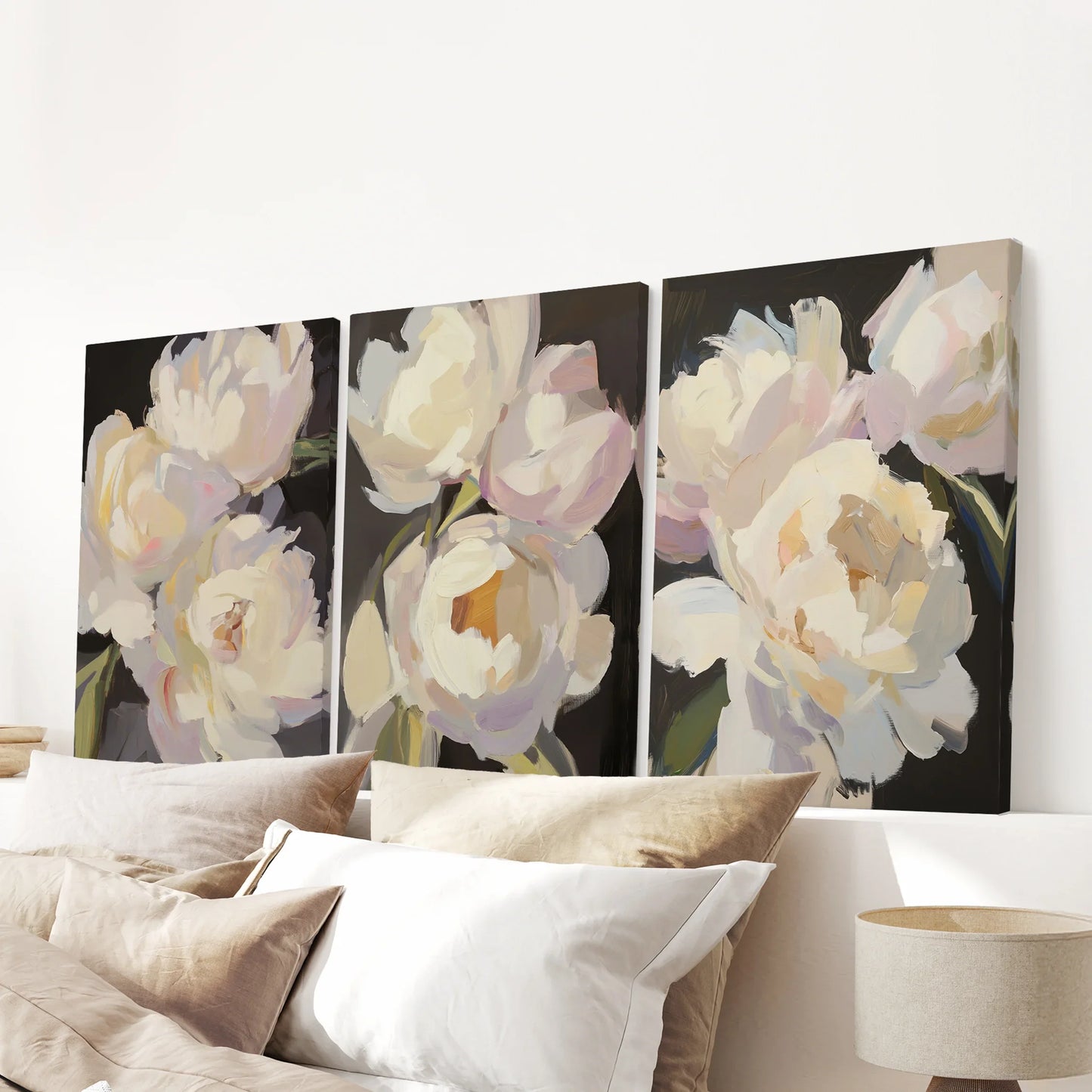Moody Pink and White Peonies Art. Floral Set of 3 Prints