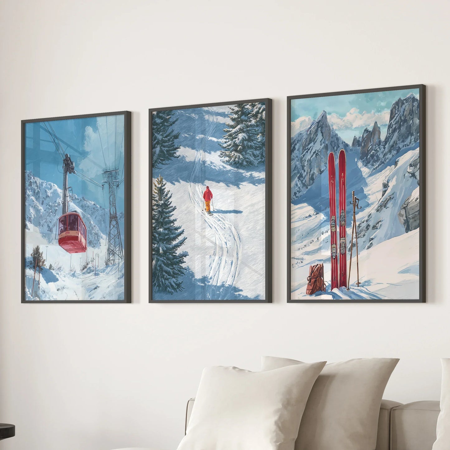 Snowy Mountain Wall Art Set: Skier, Red Skis, Snowy Trees
