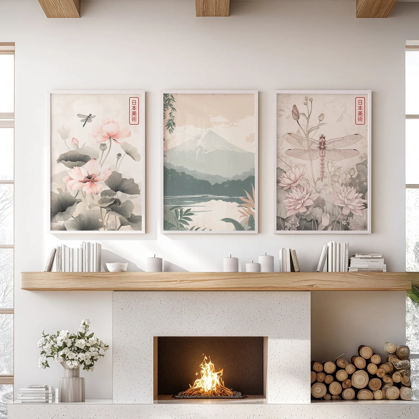 Japandi Style Set of 3 Wall Art. Floral and Mountain Prints