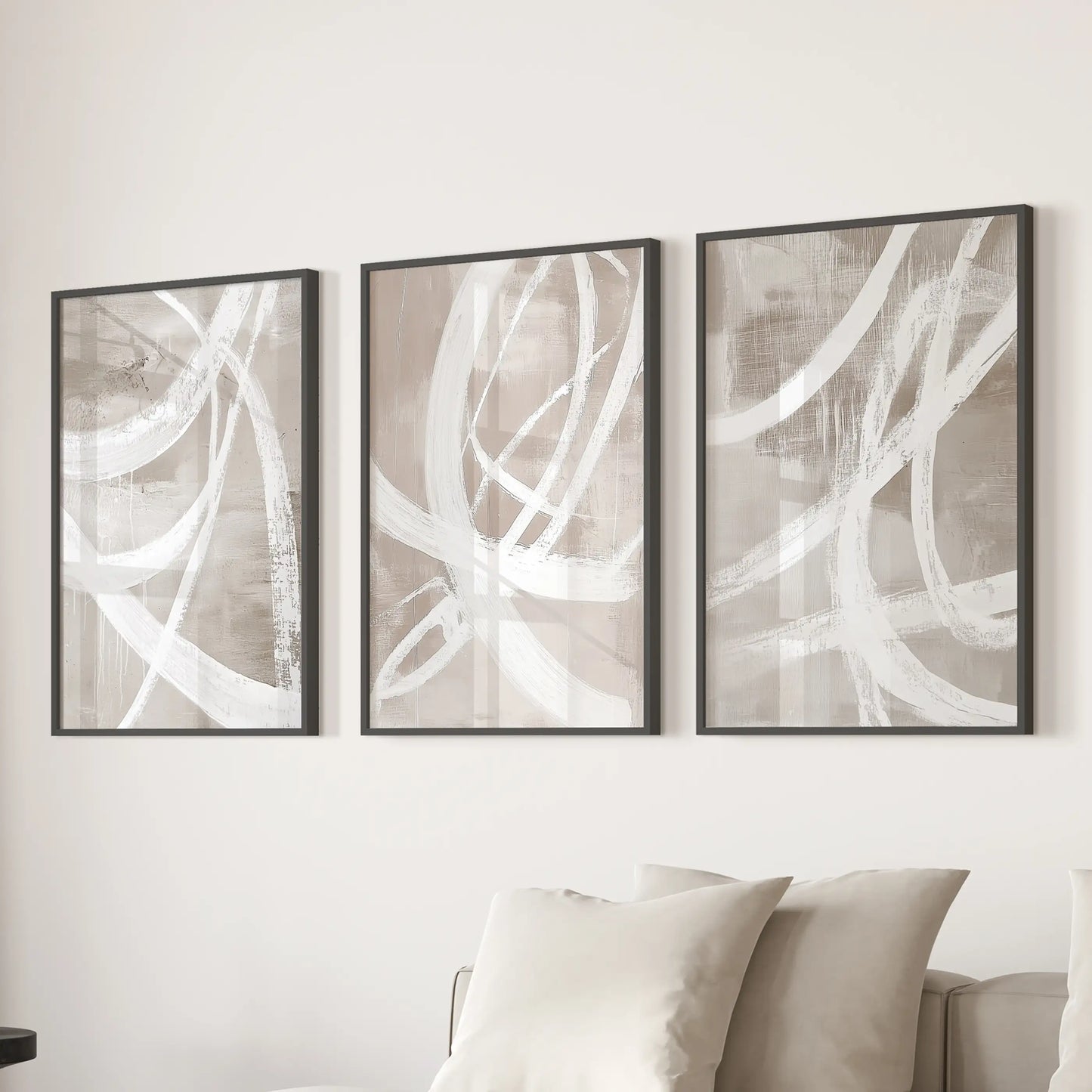 Modern Minimalist Abstract Triptych. Neutral Brush Stroke Art
