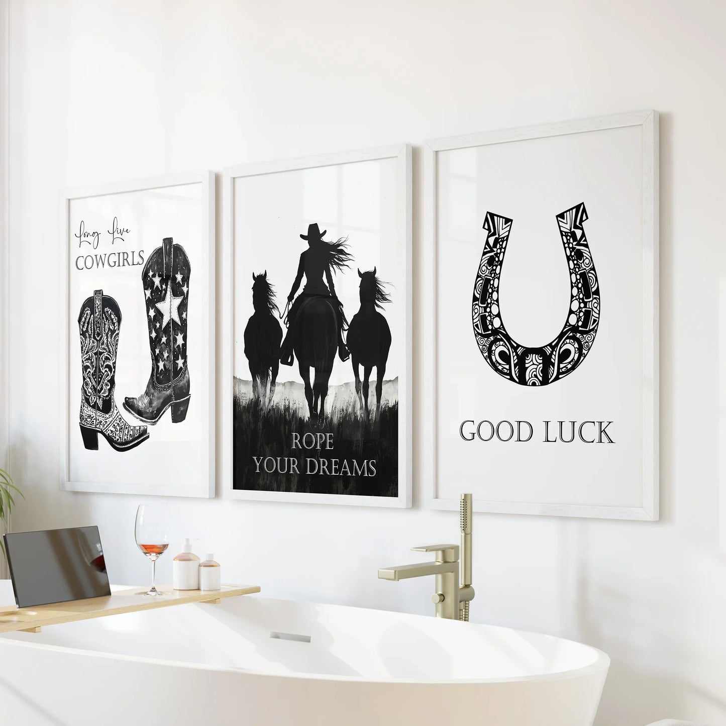 Black White Western Cowgirl 3 Piece Art. Boots, Horseshoe