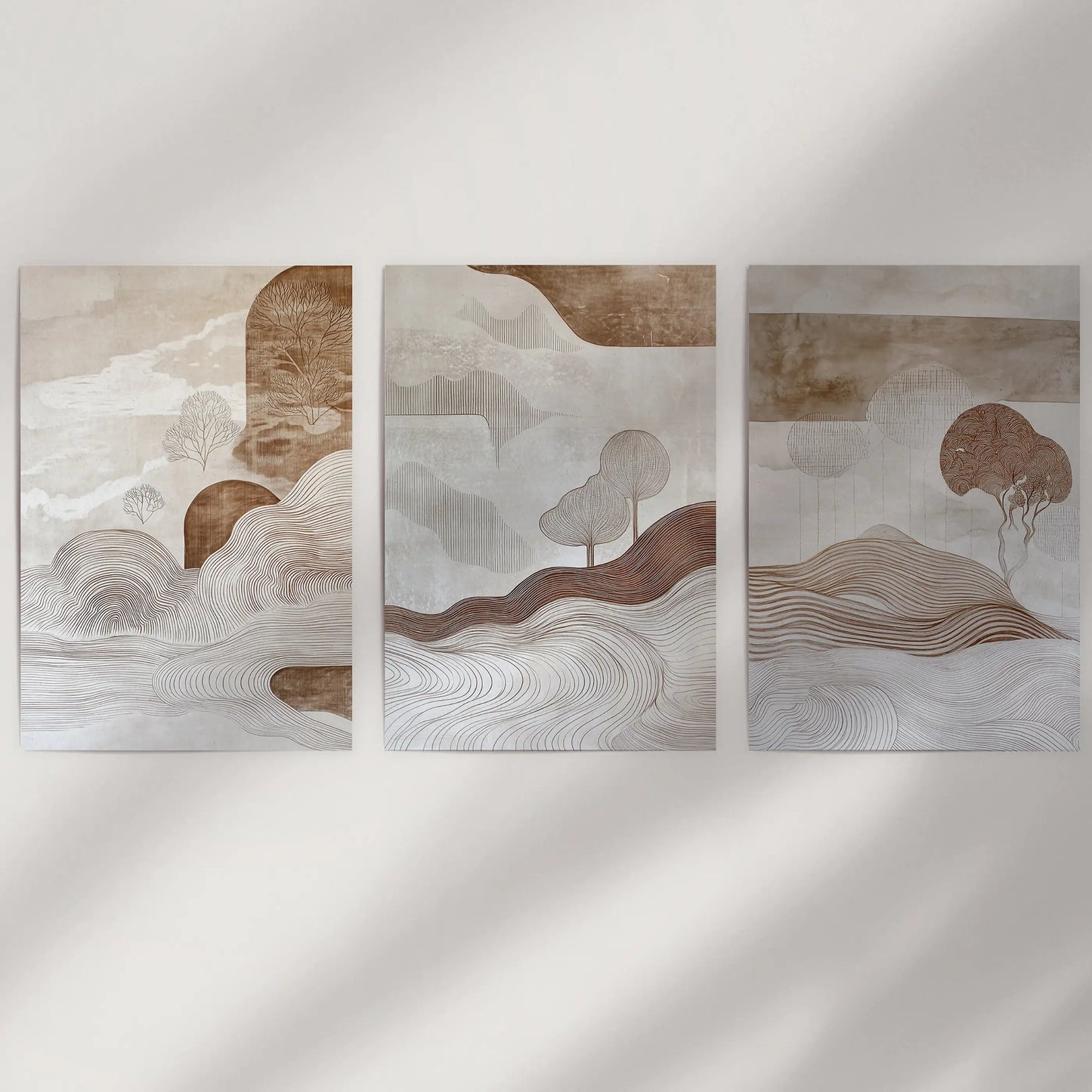 Wabi Sabi Line Art Set of 3 Prints. Earth Tones Landscape