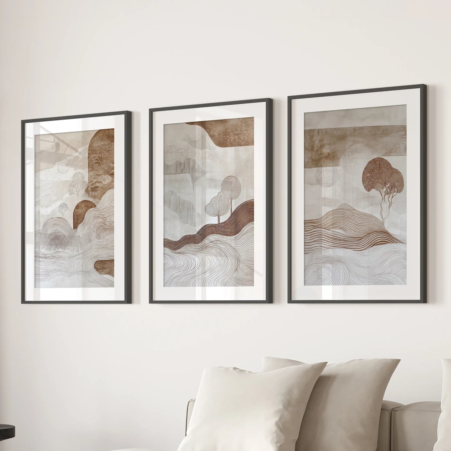 Wabi Sabi Line Art Set of 3 Prints. Earth Tones Landscape