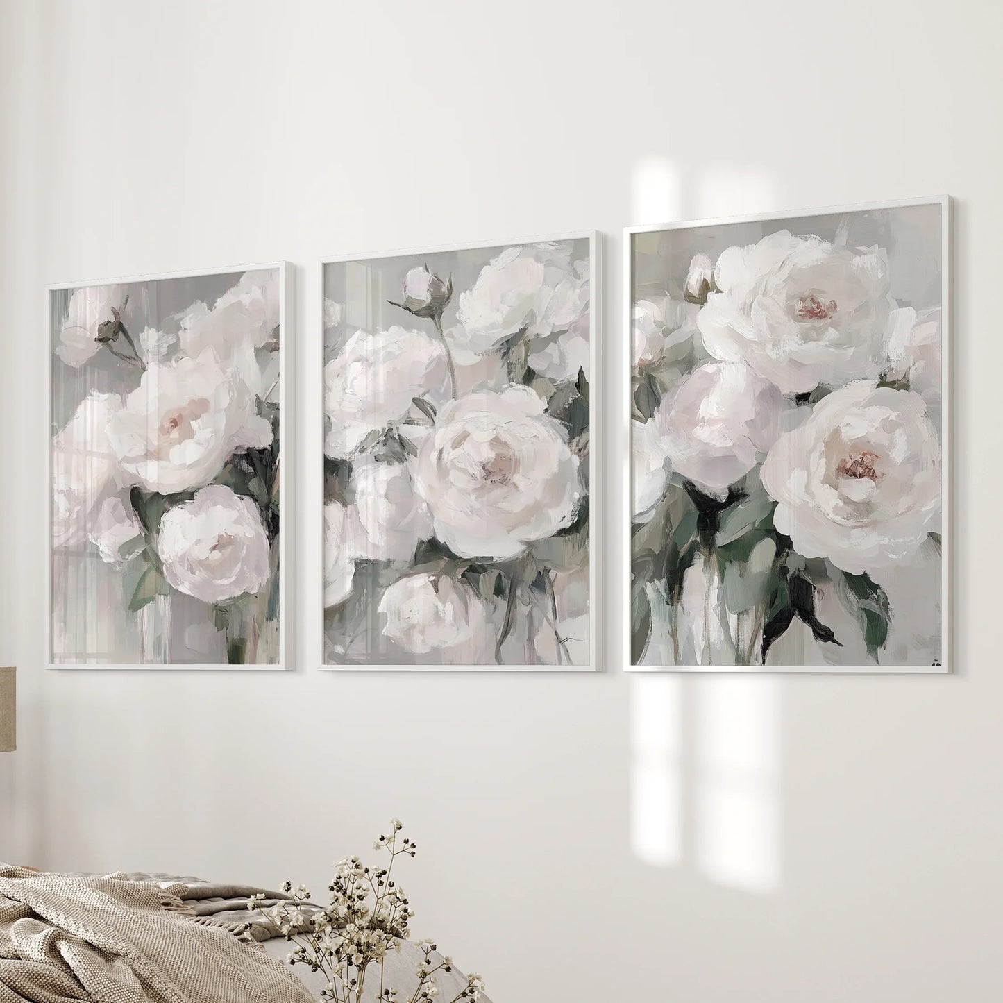 Romantic White Flower 3 Piece Wall Art. Peony Painting Print